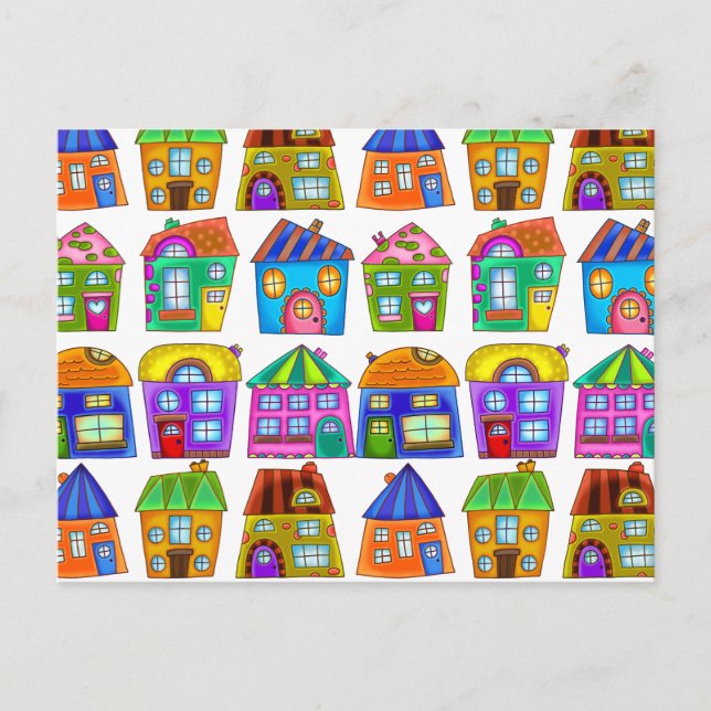 Colourful Doodle Quirky Detached Residential House Postcard (Front)