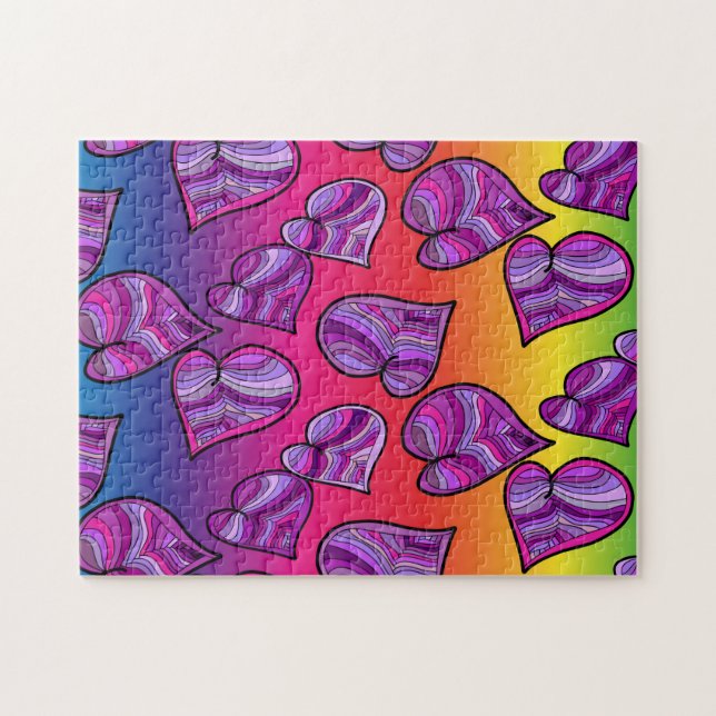 Colourful Doodle Rainbow Hearts Pattern Jigsaw Puzzle (Horizontal)