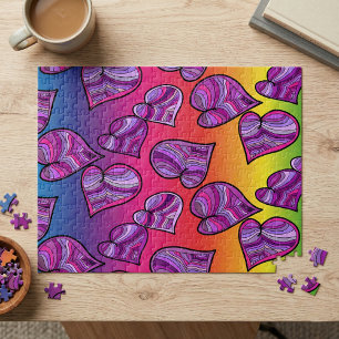 Colourful Doodle Rainbow Hearts Pattern Jigsaw Puzzle
