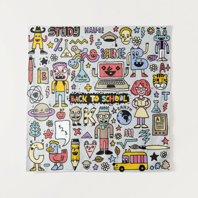 Colourful Doodle School Vintage Set Tapestry (Front)