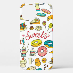 Colourful doodle sweets food on white. Vintage ill iPhone 12 Case