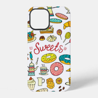 Colourful doodle sweets food on white. Vintage ill iPhone 12 Case