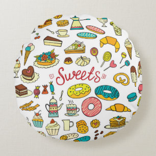 Colourful doodle sweets food on white. Vintage ill Round Cushion