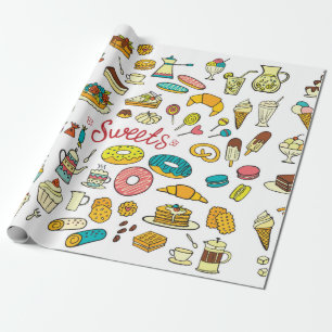Colourful doodle sweets food on white. Vintage ill Wrapping Paper
