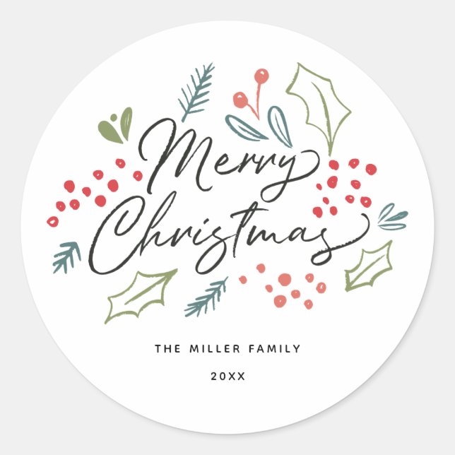 Colourful Doodles Merry Christmas Name Classic Round Sticker (Front)