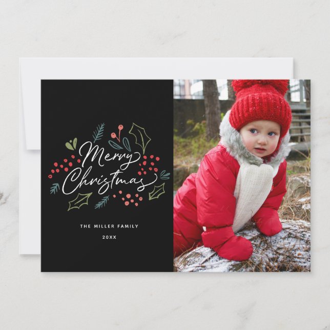 Colourful Doodles Merry Christmas Photo Black Holiday Card (Front)