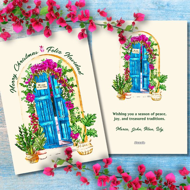 Colourful Door & Bougainvilleas Mexican Christmas Holiday Card (Creator Uploaded)