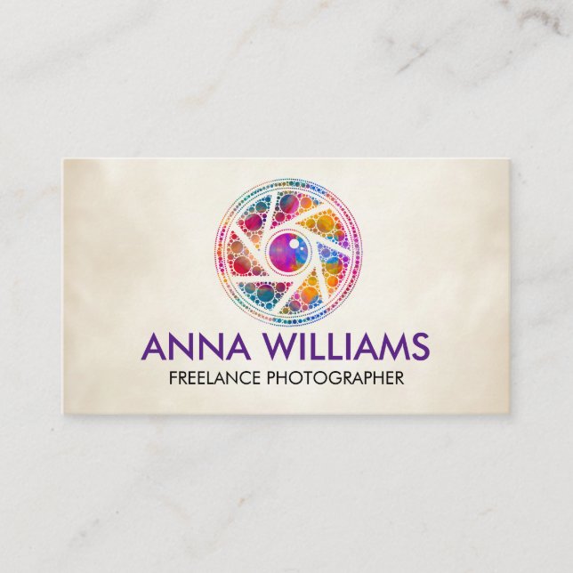 Colourful Dot Art Camera Shutter Business Card (Front)