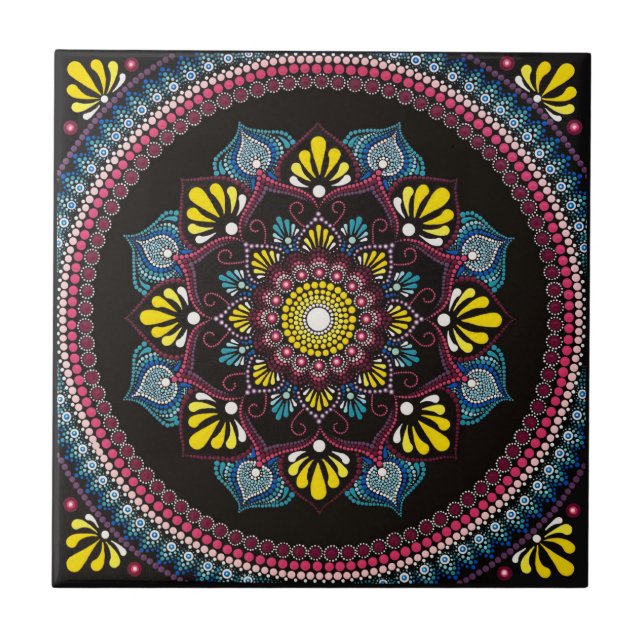 Colourful Dot Art Mandala | Sacred Geometry Boho Ceramic Tile (Front)