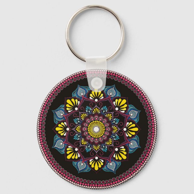 Colourful Dot Art Mandala | Sacred Geometry Boho Key Ring (Front)