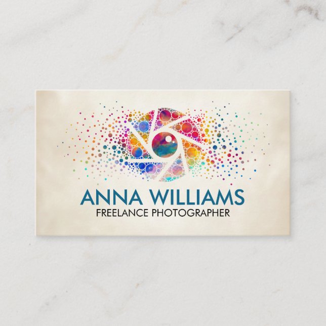 Colourful Dot Art Splatter Camera Shutter  Business Card (Front)