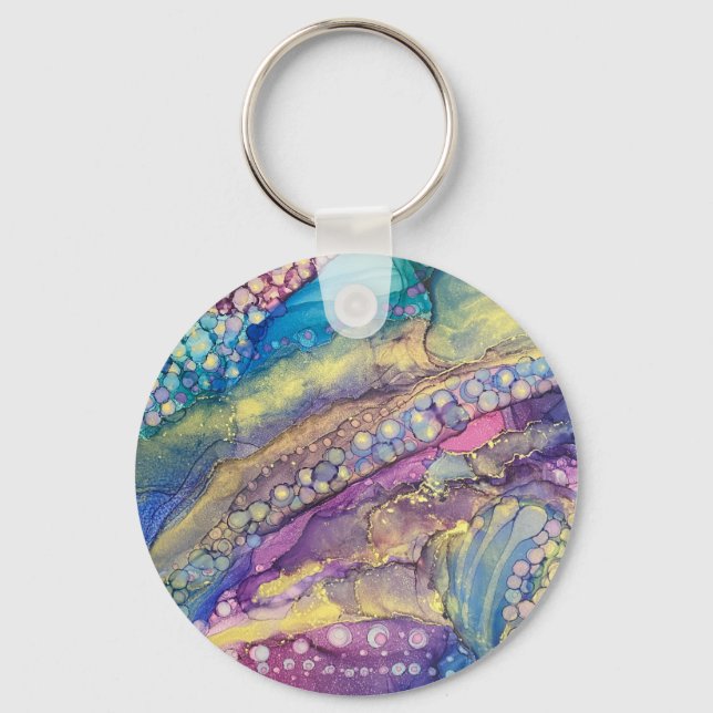 Colourful Dots Alcohol Ink Liquid Abstract Art Key Ring (Front)
