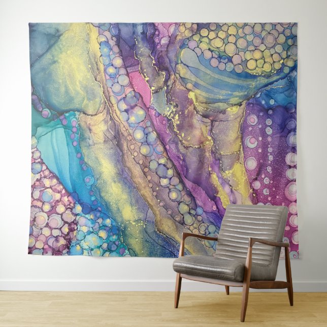 Colourful Dots Alcohol Ink Liquid Abstract Art Tapestry (In Situ (Horizontal))