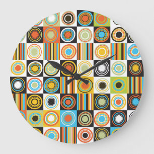 Colourful dots, circles, stripes background. large clock
