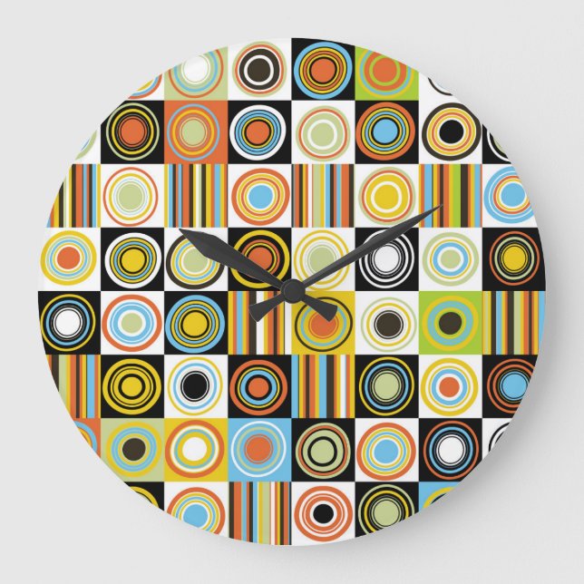 Colourful dots, circles, stripes background. large clock (Front)