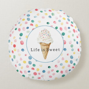 Colourful Dots Confetti Ice Cream Cone Sweet Life Round Cushion