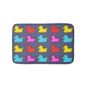 Colourful Dotty Duck Pattern on Blue Bath Mat