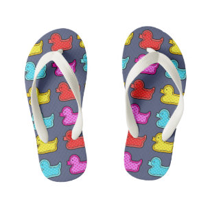 Colourful Dotty Duck Pattern on Blue Kid's Thongs