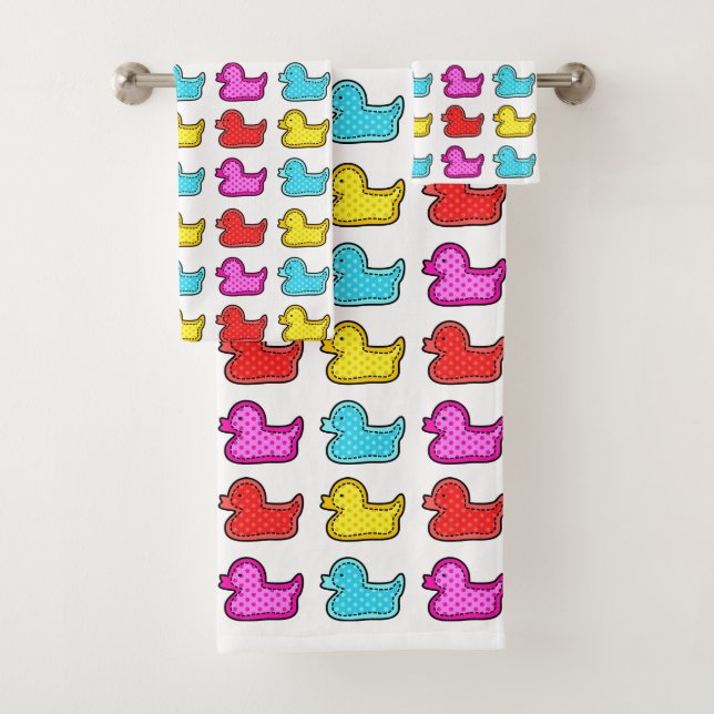 Colourful Dotty Duck Pattern White Bath Towel Set (Insitu)