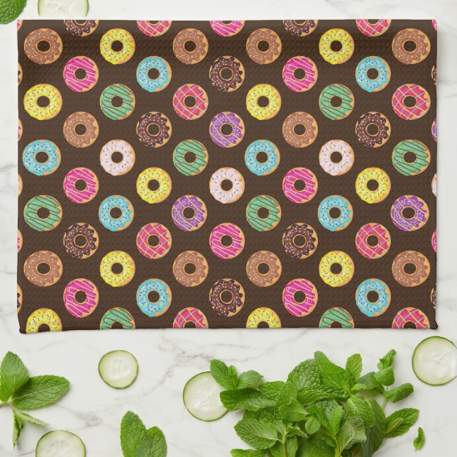 Colourful Doughnut Pattern In Chocolate Tea Towel (Folded)