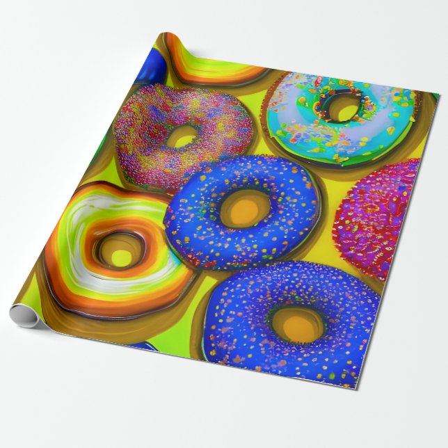 Colourful Doughnuts Yellow Wrapping Paper (Unrolled)