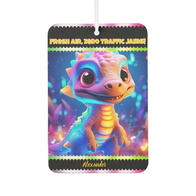 Colourful dragon in a whimsical scene car air freshener (Front)