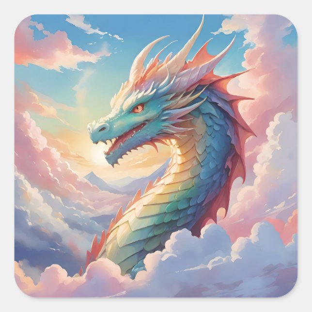 Colourful dragon in the sky square sticker (Front)