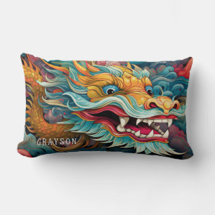 Colourful Dragon Modern Personalised Name Lumbar Cushion