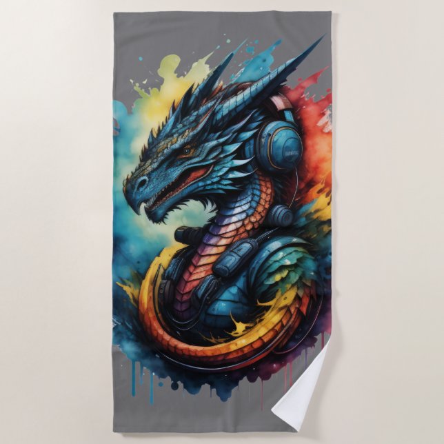 Colourful Dragon Wearing Headphones Music Gaming Beach Towel (Front)