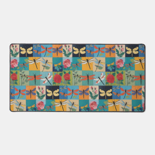 Colourful Dragonflies And Roses Patchwork Desk Mat