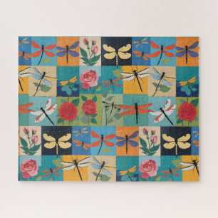 Colourful Dragonflies And Roses Patchwork Jigsaw Puzzle