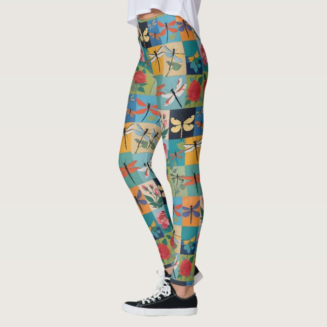 Colourful Dragonflies And Roses Patchwork Leggings (Left)