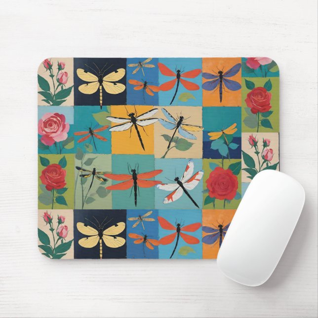 Colourful Dragonflies And Roses Patchwork Mouse Pad (With Mouse)