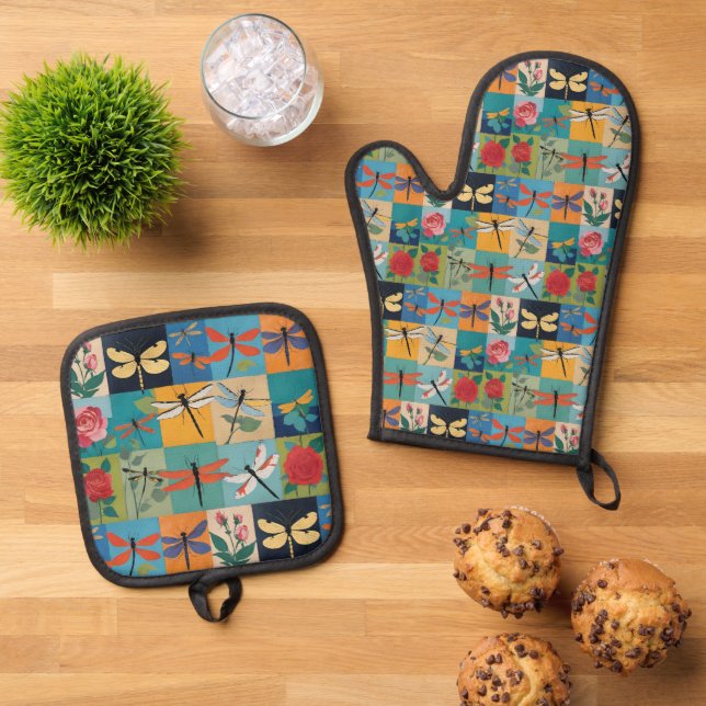 Colourful Dragonflies And Roses Patchwork Oven Mitt & Pot Holder Set (Top Down)