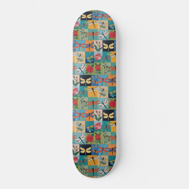Colourful Dragonflies And Roses Patchwork Skateboard (Front)