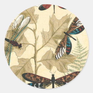 Colourful Dragonflies Floating Above Leaves Classic Round Sticker