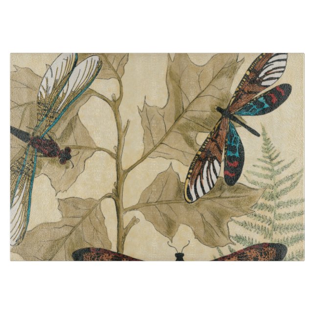 Colourful Dragonflies Floating Above Leaves Cutting Board (Front)