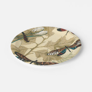 Colourful Dragonflies Floating Above Leaves Paper Plate