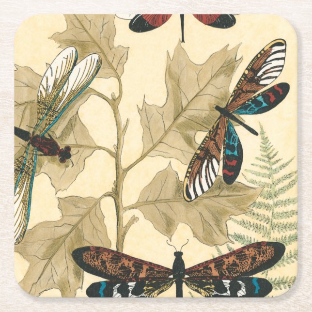 Colourful Dragonflies Floating Above Leaves Square Paper Coaster (Front)