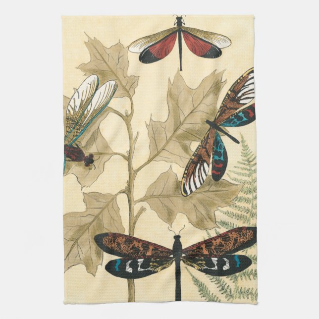 Colourful Dragonflies Floating Above Leaves Tea Towel (Vertical)