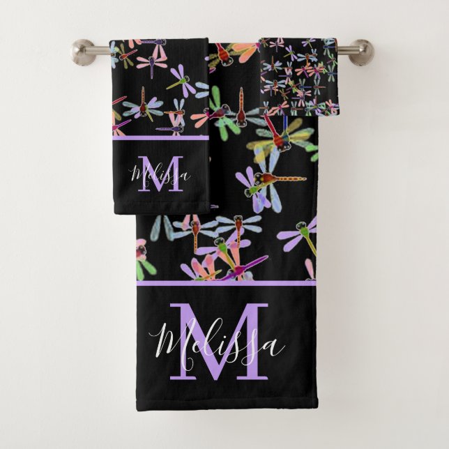 Colourful dragonflies personalised   bath towel se (Insitu)
