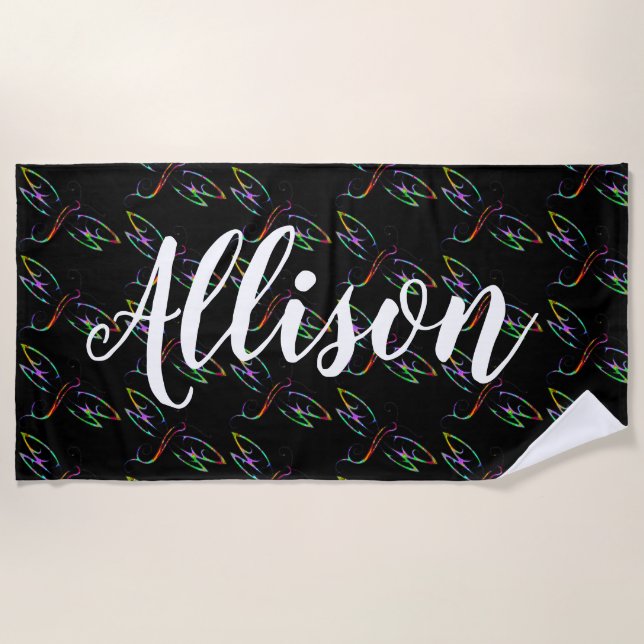 Colourful dragonflies personalised beach towel (Front)