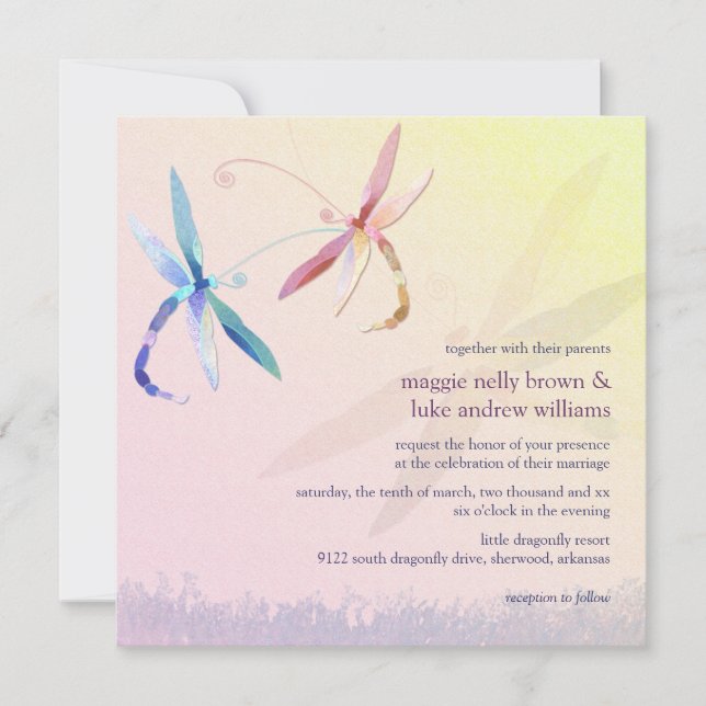 Colourful Dragonfly Couple Spring Wedding Invitation (Front)
