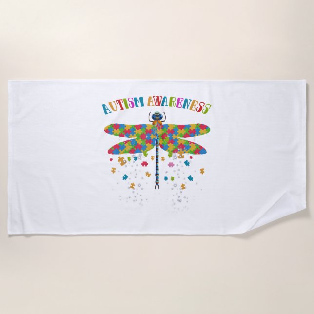 Colourful Dragonfly For Autism Awareness Day Beach Towel (Front)