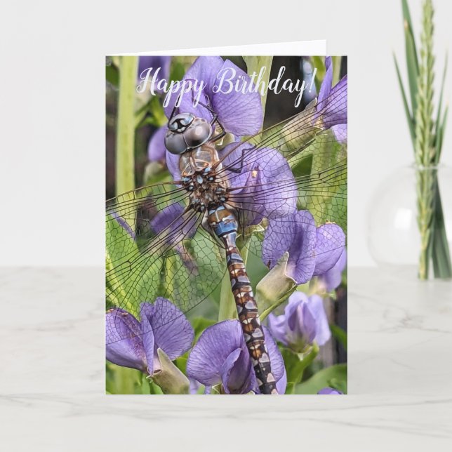 Colourful Dragonfly on Purple Flowers Birthday Card (Front)