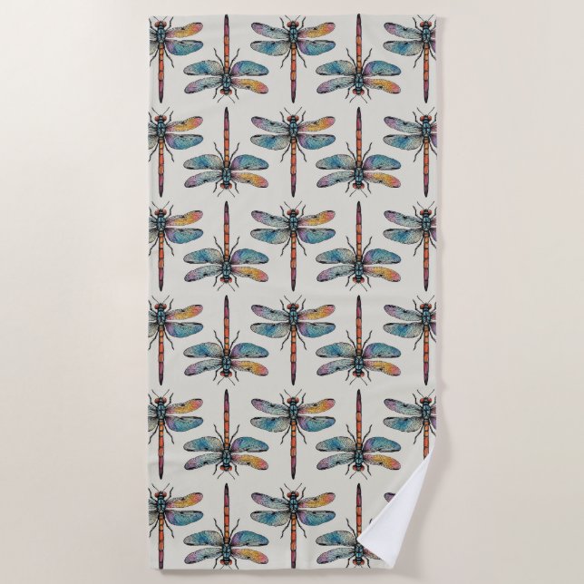 Colourful Dragonfly Pattern Beach Towel (Front)