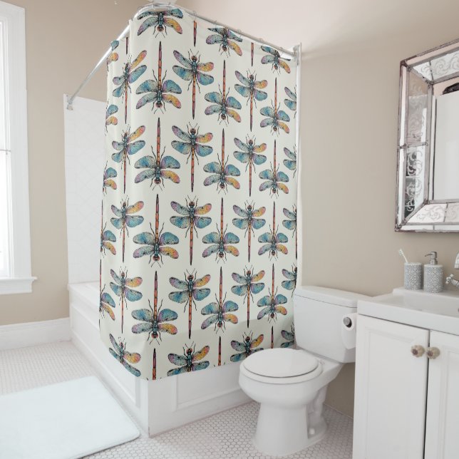 Colourful Dragonfly Pattern Shower Curtain (In Situ)