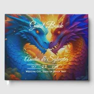 Colourful Dragons in Love Blue Wedding Guest Book
