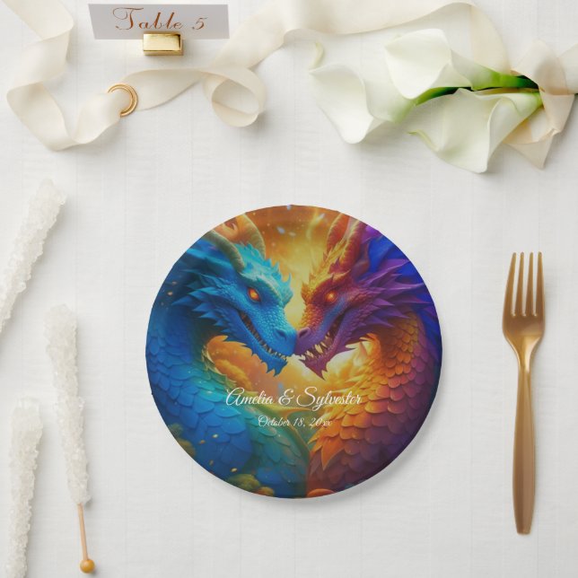 Colourful Dragons in Love Paper Plate (Wedding)