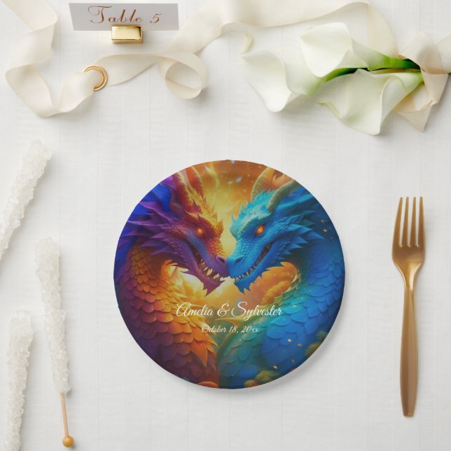 Colourful Dragons in Love Paper Plate (Wedding)